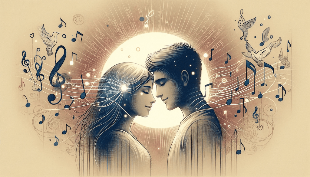 Ilustración que representa un momento poético en el que dos individuos comparten una conexión profunda. El fondo está adornado con notas musicales flotantes que simbolizan la banda sonora de sus vidas. La sutil sonrisa de uno de los individuos brilla intensamente, proyectando un suave resplandor en la escena. Rodeándolos están delicadas palabras de amor y adoración, pintando un ambiente sereno de confianza y afecto.