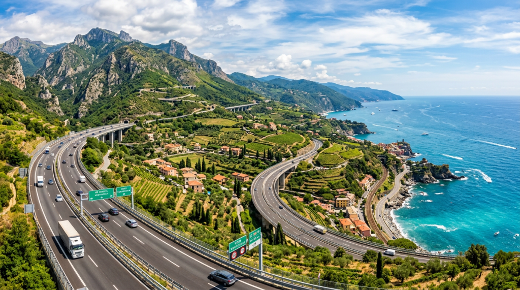 Curving coastal highway with cars passing through mountainous green landscape beside blue ocean